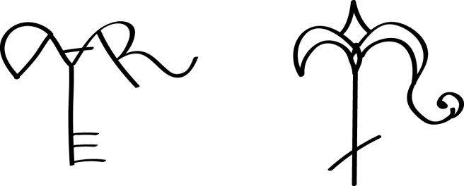 Two abstract black sigil-like symbols drawn with curved lines on white background