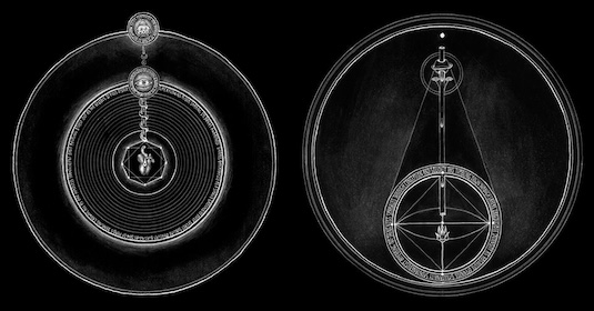 Black-and-white esoteric illustration of two black circles: left with heart in hexagon and concentric rings, right with pillar