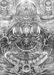 Black-and-white symmetrical esoteric illustration with circular medallions, crescent vessels, central pillar, porous organic mass, and root-like network