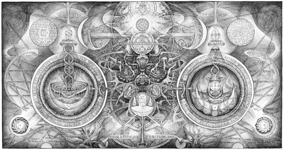 Black-and-white panoramic esoteric illustration of two circles with caduceus-like pillars, connected by roots, medallions, and dense geometric web
