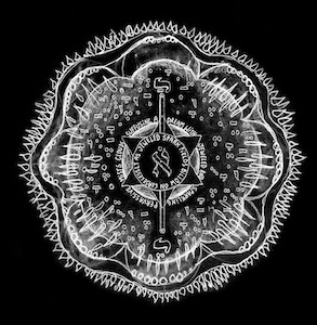 Black-and-white circular mandala with concentric rings, central six-pointed star, letter Aleph inside, and scattered geometric marks