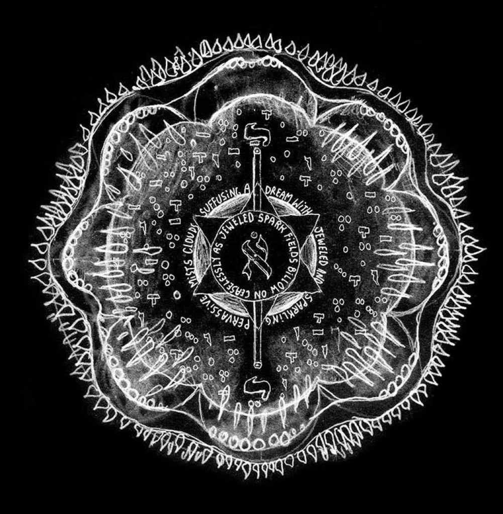 Black-and-white circular mandala with concentric rings, central six-pointed star, letter Aleph inside, and scattered geometric marks
