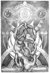 Black-and-white esoteric illustration of central knotted structure with three medallions, six descending tubes, and two pools of water