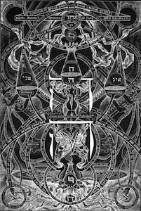 Dark esoteric illustration with three inverted vessels labeled SELFHOOD, NOTHINGNESS, SHECHINAH, central Hebrew letter Shin, roots, and mystical symbols
