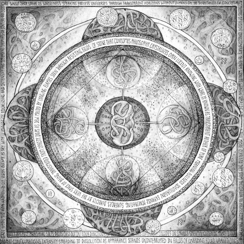 Black-and-white esoteric illustration of square within circle with four lobes, root-like structures, mystical text, and alchemical symbols