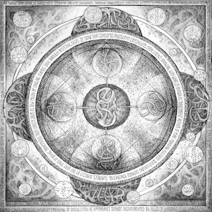 Black-and-white esoteric illustration of square within circle with four lobes, root-like structures, mystical text, and alchemical symbols