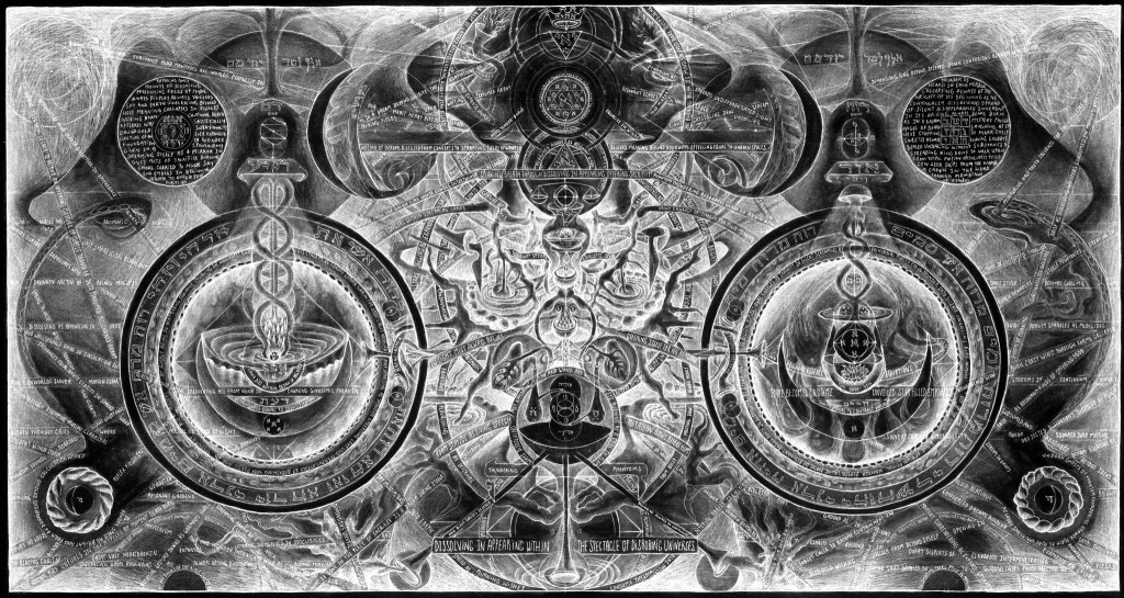 Black-and-white esoteric landscape of two circles with caduceus forms, central network, Hebrew letters, and mystical diagrams