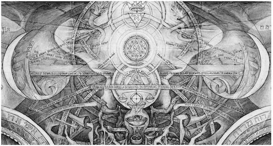 Black-and-white symmetrical esoteric illustration of central hexagram with wings, root-like structures, Hebrew letters, and mystical text