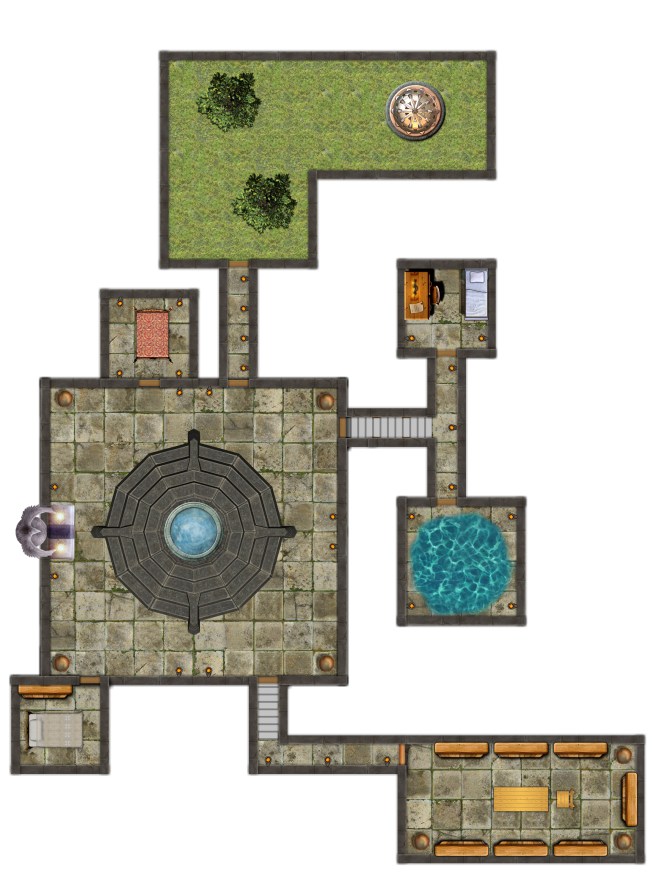 Top-down view fantasy dungeon map with stone rooms, garden, and circular altar