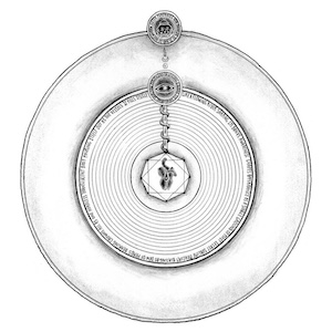 Black-and-white minimalist esoteric diagram with outer circle, central hexagram, crowned medallion, Eye of Providence, and descending snake