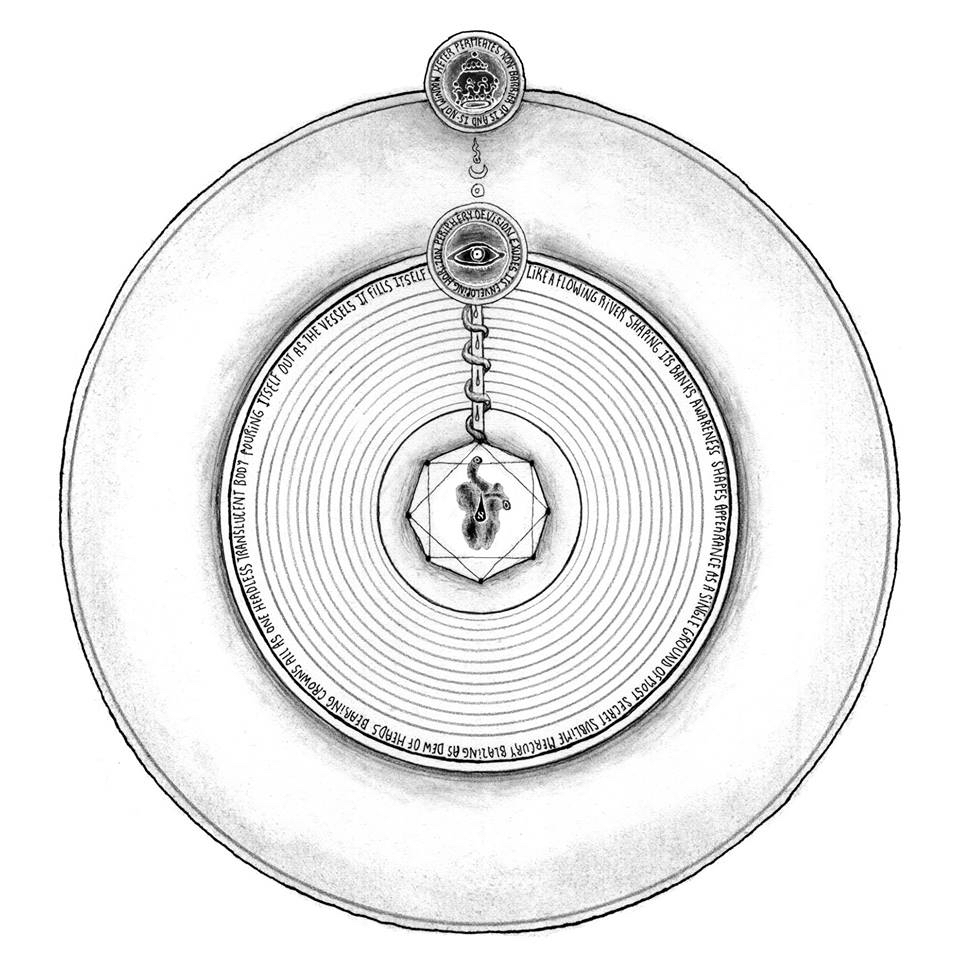 Black-and-white minimalist esoteric diagram with outer circle, central hexagram, crowned medallion, Eye of Providence, and descending snake