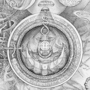 Black-and-white esoteric drawing of circle with pillar, double-helix snake, crescent moons, and surrounding mystical text