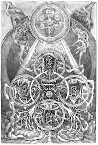 Pencil drawing of sixfold Qabalistic aspects of a mirror and its reflections