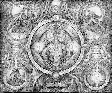 Black-and-white esoteric illustration of crowned symmetrical torso, Menorah-style candelabras, Hebrew letters, eyes, and circular diagrams with philosophical text