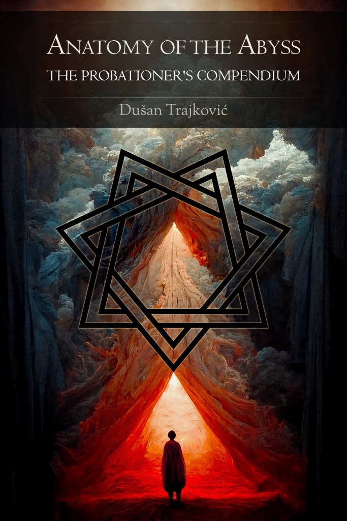 Surreal book cover with a dark heptagram over a glowing fiery canyon