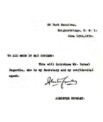 Typewritten letter by Aleister Crowley introducing Israel Regardie as his confidential agent