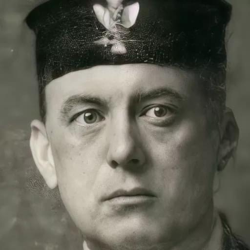 Black and white close up portrait of a man wearing a masonic hat
