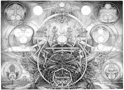 Alchemical diagram with geometric round symbols, and circular portals