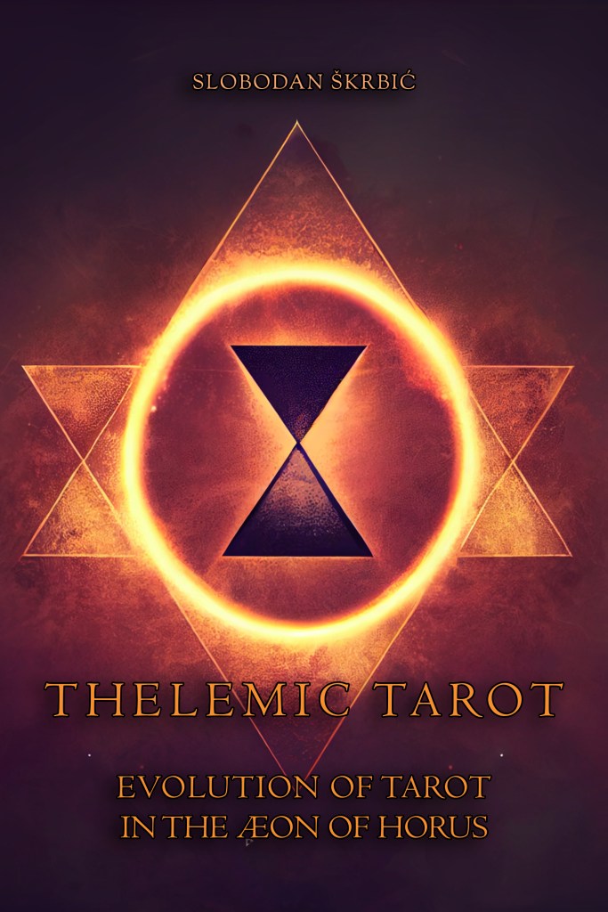 Book cover with glowing circle, hourglass, and triangles for Thelemic Tarot