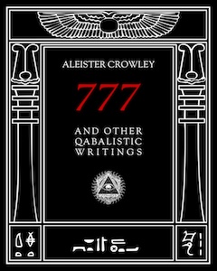 Book cover with white Egyptian-style borders and symbols on black background with red 777