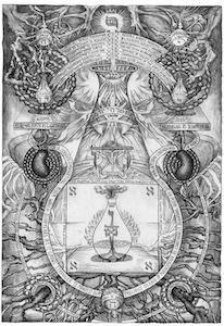 Vertical alchemical diagram with vessels, chalice, and flaming Hebrew letter