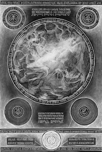 Diagram with textured central sphere, swirling mists, surounded by four circles