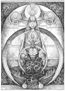 A vertically oriented alchemical diagram featuring a central flame encircled by a surrounding ring