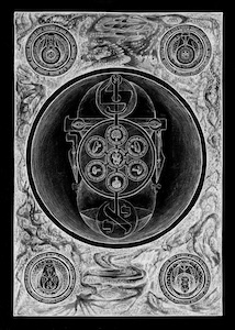 Esoteric diagram with central figure, sensory organs, and corner mandalas