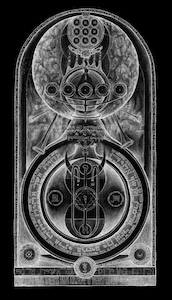 Intricate occult diagram on blackboard with cosmic vessel, Hebrew letters, planetary symbols, esoteric text, and arched frame