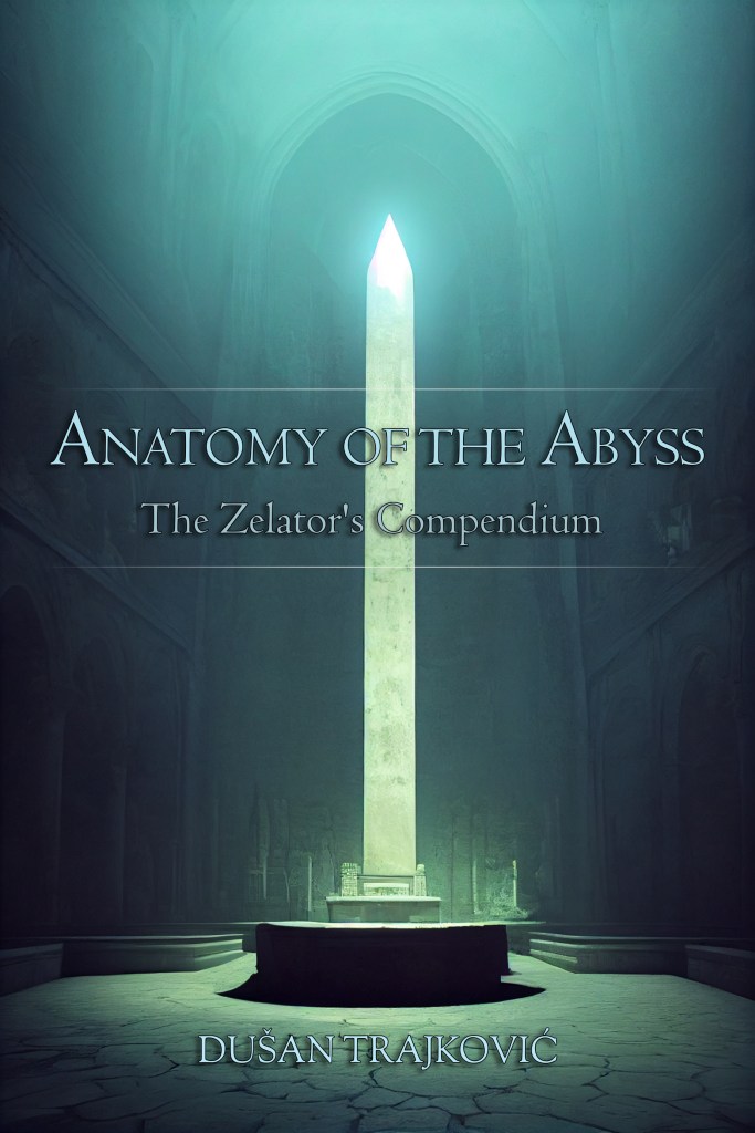 Glowing white obelisk inside dark stone chamber under vaulted ceiling with text