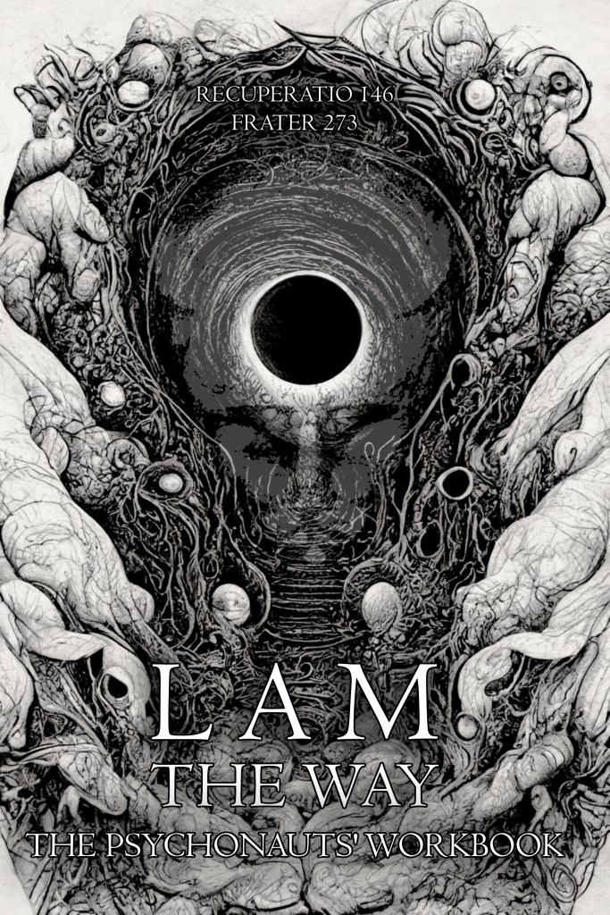 Abstract black and white illustration of an eye with occult text