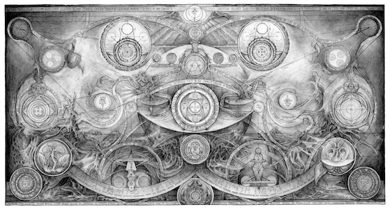 Complex esoteric diagram illustration in black ink featuring mystical symbols, geometric circles, and philosophical calligraphy