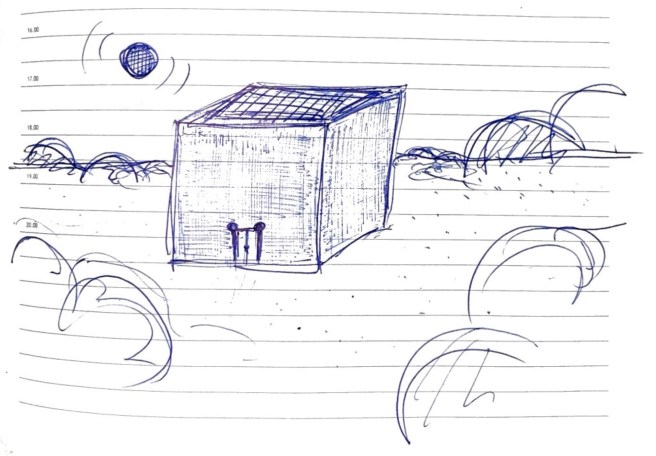 Hand-drawn blue ink sketch on lined paper of a large cube structure centered in a desert landscape with sand dunes and a celestial body