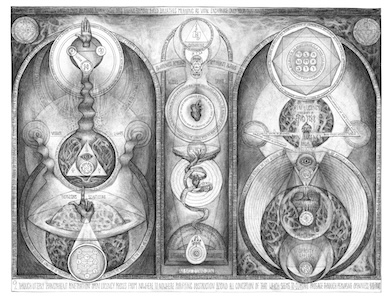 Black-and-white pencil drawing of a symmetrical esoteric diagram with sacred geometry, serpent-like forms, an eye symbol, spheres, and handwritten inscriptions